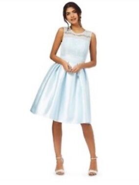 Chi Chi London Avaya Prom Dress Size 12 Light Blue Lace Sleeveless Knee Length